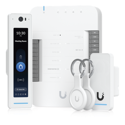 UniFi Access Kit de Inicio Gen2 Profesional para 1 puerta, (1) Lector NFC con pantalla táctil, audio 2 vías y cámara / (1) Lector NFC y de movimiento UA-G2 / Hub para conexiones para controlar una puerta con salida POE y energizar acc