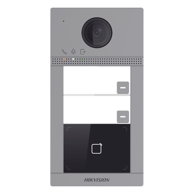 Videoportero IP (IP65 + IK08) con Llamada y apertura desde APP Hik-Connect / Soporta 2 Departamentos / PoE Estandar  / Interfaz WEB para configuración / 2 puertas