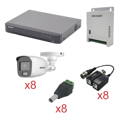 KIT TurboHD con Audio 1080p / DVR 8 Canales / 8 Cámaras Bala (exterior 2.8 mm) / Transceptores / Conectores / Fuente de Poder / AUDIO POR COAXITRON