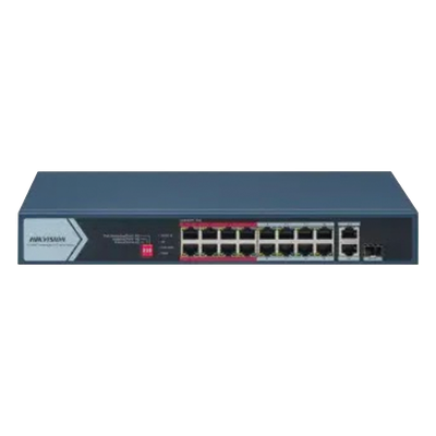 Switch PoE+ / No Administrable / 16 Puertos 10/100 Mbps PoE+ / 2 Puertos 1000 Mbps Uplink / 1 Puerto SFP Uplink / Modo Extendido hasta 300 Metros / 130 W