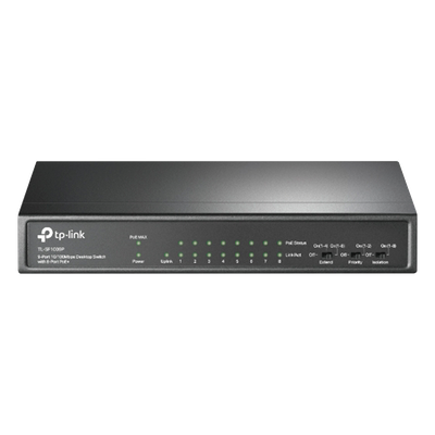 Switch PoE+ No Administrable / De Escritorio 9 puertos 10/100 Mbps / 8 puertos PoE af/at Inteligente / Presupuesto 65 W / Hasta 250 metros