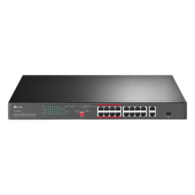 Switch PoE+ no Administrable 16 puertos 10/100 Mbps + 2 puertos 10/100/1000 Mbps + 1 puerto SFP, 8 puertos Extensor PoE (hasta 250 m), 150W, diseño para Vigilancia IP