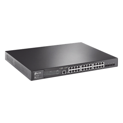 Switch L2+ Omada PoE+ / 24 Puertos PoE+ 10/100/1000 Mbps / 4 Puertos SFP 1G / 2 Puertos Consola (RJ45 y microUSB) / Administración Centralizada Omada o Stand-Alone / Multicast IGMP / Calidad de Servicio / Presupuesto PoE 384W / Montaje en Rack