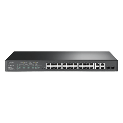 Switch PoE+ JetStream SDN Administrable 24 puertos 10/100 Mbps + 2 puertos 10/100/1000 Mbps (Uplink) + 2 puertos SFP (combo 2 RJ45 10/100/1000 Mbps), 250W, administración centralizada OMADA SDN