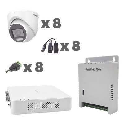 KIT TurboHD 1080p / DVR 8 Canales con audio por coaxitron / 8 Cámaras con Micrófono Integrado 101° Visión/  luz blanca + IR visión nocturna  / Transceptores / Conectores / Fuente de Poder Profesional