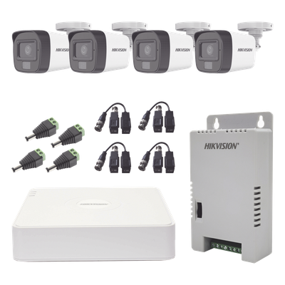 Kit TURBOHD 1080p / DVR 4 Canales / 4 Cámaras con Micrófono Integrado y 101° Visión / Luz Blanca + IR Visión Nocturna / Transceptores / Conectores / Fuente de Poder Profesional Compacta