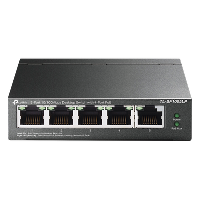 Switch PoE No Administrable de Escritorio / 5 puertos 10/100 Mbps / 4 puertos PoE af / Presupuesto 41 W / Modo extensor PoE hasta 250 metros / Calidad video prioritaria