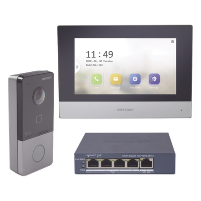 Kit de Videoportero IP + Switch Poe Poe Estandar con llamada a App de Smartphone (HikConnect) / Apertura con tarjeta MIFARE / Frente de calle IP65 / Soporta 1 Departamento