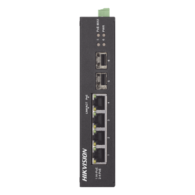 Switch Industrial No Administrable Gigabit / 3 Puertos Gigabit PoE+ (30 W) + 1 Puerto Gigabit PoE++ (60 W) / 2 Puertos SFP / 65 W Total / 48 a 57 VCD / Ideal para Proyectos / 300 Metros de Distancia