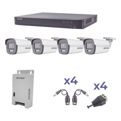 KIT COLORVU TURBOHD 1080p / DVR 4 Canales / 4 Cámaras Bala (exterior) lente 2.8mm / Fuente de poder profesional / Transceptores de video y Accesorios de corriente