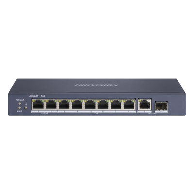Switch PoE+ / No Administrable / 7 Puertos 1000 Mbps 802.3 af/at (30 W) / 2 Puertos 1000 Mbps Hi-PoE (90 W) / 1 Puertos 1000 Mbps Uplink / 1 Puerto SFP / Modo Extendido hasta 300 Metros / 110 Watts