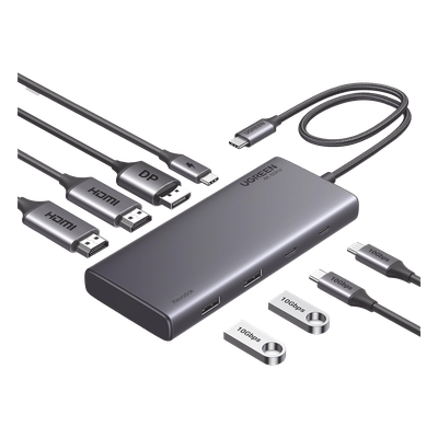 HUB USB-C (Docking Revodok 308) 8 en 1 | 2 Puertos HDMI 4K@60Hz | 1 Puerto DisplayPort 4K@60Hz 2 USB-A 10Gbps) | 2 USB-C (10Gbps) | USB-C PD Carga 100W | Chip de Ultima Generacion | Carcasa de Aluminio.