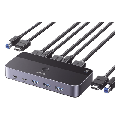 Conmutador KVM HDMI 4K | HDMI 2.0 | 2 Entradas 1 Salida | 4 Puertos USB 3.0 (3 USB-A *1 USB-C) | Soporta 4K@60Hz | HDR | Indicador Led | Compatible Win, MacOs y Linux | Carcasa de Aluminio.