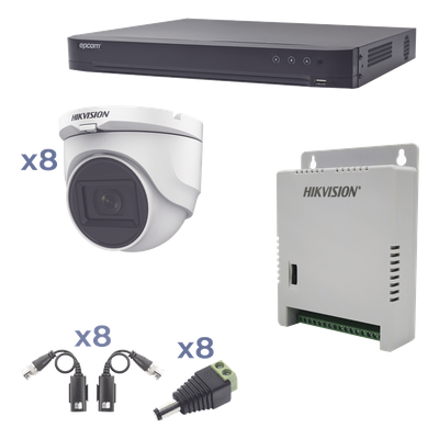 Kit TURBOHD 1080p / DVR 8 Canales / 8 Cámaras Turret (exterior 2.8 mm) / Conectores / Transceptores / Fuente de Poder Profesional hasta 15 Vcc para Larga Distancia