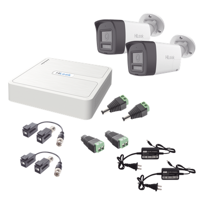 Kit HiLook Audio Bidireccional TurboHD 1080p / DVR 4 Canales / 2 Cámaras Bala (Exterior) con Bocina y Microfóno Integrado / 2 Fuentes de Poder / Accesorios