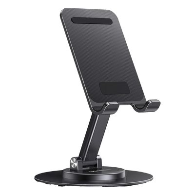 Soporte para Teléfono Celular Giratorio | 360° de Rotación | Angulo Ajustable | Altura Ajustable 17-20cm  | Antideslizante | Ejes Giratorios de Alta Precisión| Plegable | Aluminio | Color Gris