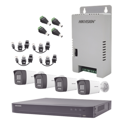 Kit Audio Bidireccional TurboHD 3K Real / DVR 4 Canales 4K / 4 Cámaras Bala (Exterior) con Bocina y Microfóno Integrado 3K / 1 Fuentes de Poder / Accesorios