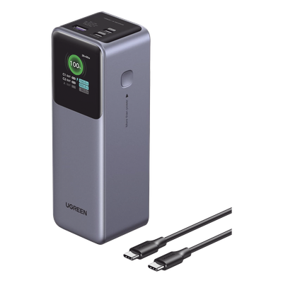 Power Bank de 25000mAh | 3 Salidas 200W Max. | USB-A + 2 USB-C | PD 3.0, QC3.0 | FCP | SCP | Pantalla Inteligente | Carcasa Ignifuga | Color Gris | Incluye Cable USB de 50cm | Carga tu Laptop de Manera Segura.