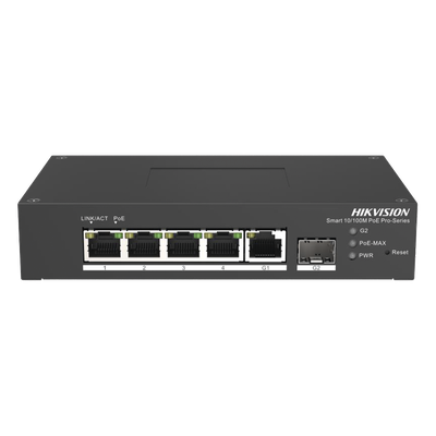 Switch PoE+ Industrial de Escritorio / Administrable / 4 Puertos 10/100 Mbps PoE+ / 1 Puerto 1000 Mbps Uplink / 1 Puertos SFP  /  Configuración Nube Hik-PartnerPro / Modo Extendido hasta 300 Metros / 60 Watts