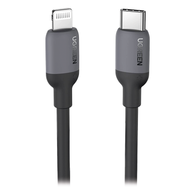 Cable USB-C a Lightning / Certificado MFi / 1 Metro / Adecuado para iPhone, iPad, iPod / Carga Rápida PD 20W /  Sincronización de Datos de hasta 480 Mbps / Goma de Silicona y  TPE. / Suave al Tacto / Color Negro 