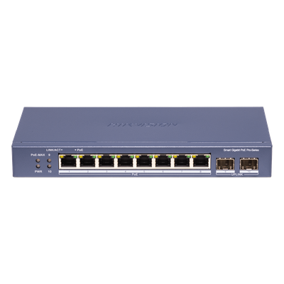 Switch PoE+ / Administrable / 8 Puertos 1000 Mbps PoE+/ 2 Puertos SFP / Configuración Nube desde Hik-PartnerPro / Modo Extendido hasta 300 Metros / 110 W