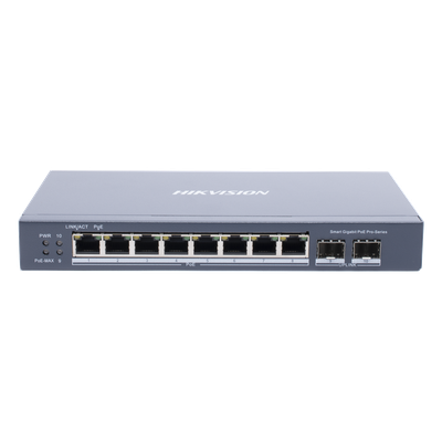 Switch Gigabit PoE+ / Administrable / 8 Puertos Gigabit PoE+ / 2 Puertos SFP / Configuración Nube Hik-Partner Pro / Modo Extendido hasta 300 Metros / 110 W