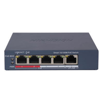 Switch Monitoreable PoE+ / 4 puertos 100 Mbps PoE+ / 1 Puerto 100 Mbps Uplink / PoE hasta 250 Metros / 60 Watts / Conexión Remota desde Hik-PartnerPro