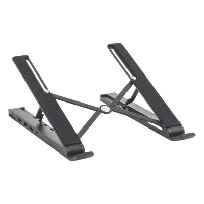 HUB (Docking Station) 5 en 1 con Soporte para Laptop | 2 USB 3.0 a 5Gbps | HDMI 4K@30Hz | Memoria Micro SD (TF) + SD | Amplia Compatibilidad de 10-15" | Ajuste de Altura | Aluminio | PC+ABS | Silicona | Color Negro.