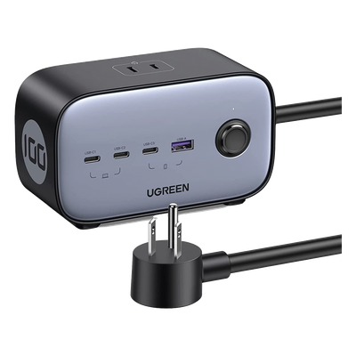 Cargador de Escritorio y Tomacorriente Múltiple | 3 Puertos USB-C | 1 Puertos USB-A | 3 Tomacorriente de CA | Tecnología GaN II | 1 USB 100W PD | Carga Rápida | Diseño Innovador en Forma de Cubo | Interruptor de Apagado.