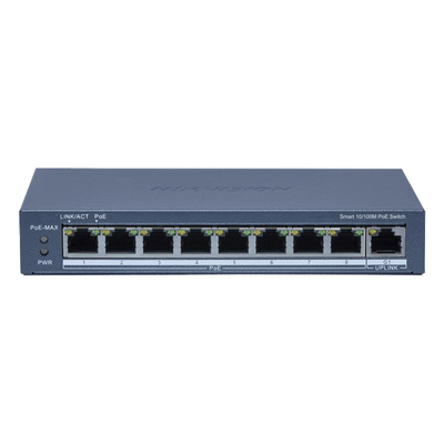 Switch PoE+ / Monitoreable / 8 Puertos 10/100 Mbps PoE+ / 1 Puerto 1000 Mbps de Uplink / Configuración Nube Hik-PartnerPro / Modo Extendido hasta 300 Metros / 110 W