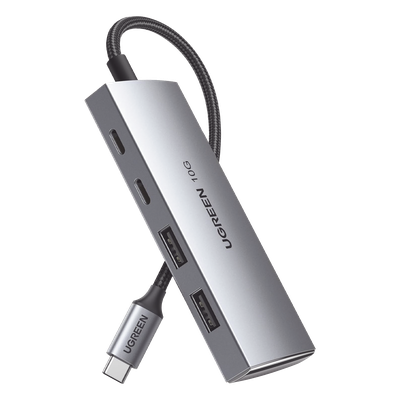 HUB USB-C 3.2 4 en 1 | 2 Puertos USB-C 3.2 (10 Gbps) | 2 Puertos USB-A 3.2 (10 Gbps) |  Admite OTG | Compatible con MacBook, Chormebook, iMac, iPad Pro, iOS, Windows, Mac OS, Android | Carcasa de Aluminio | Nylon Trenzado.