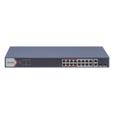 Switch PoE+ / Monitoreable / 16 puertos 10/100 Mbps PoE+ / 2 Puertos 1000 Mbps Uplink / 2 Puertos SFP de Uplink /  Configuración Nube Hik-Partner Pro / Modo Extendido hasta 300 metros / 230 W 