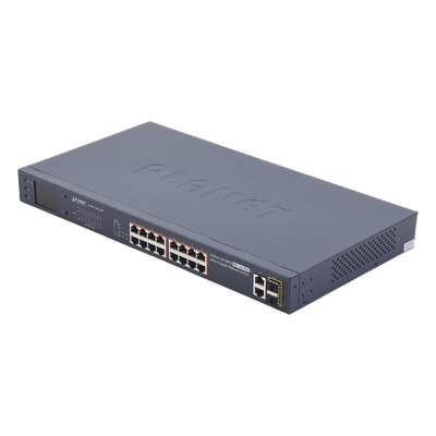 Switch No Administrable PoE+ Extender, Aislamiento VLAN de 16 Puertos +, 2 Combo TP/SFP Gigabit y Pantalla 