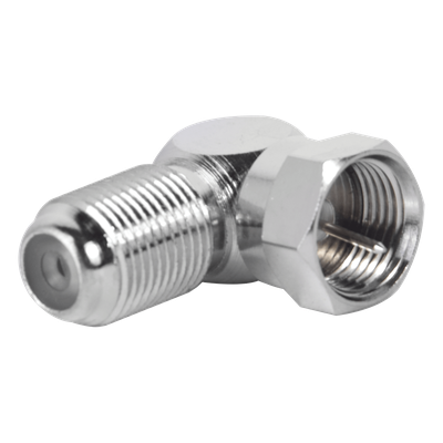 Adaptador en Ángulo Recto para 75 Ohm, de F Macho a F Hembra, Níquel/ Níquel/ Polietileno.