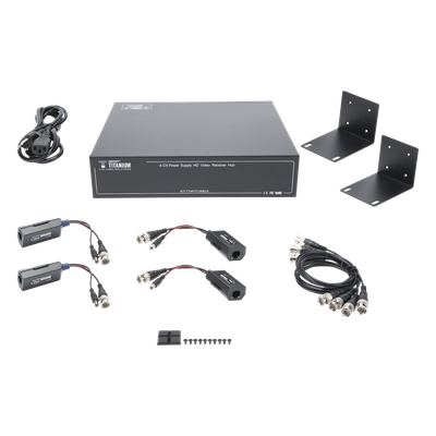 Kit de TRANSCEPTOR ACTIVO DE 4 CANALES / VIDEO+PODER en un solo Cable UTP / 150 metros en 4K, 200 metros en 5 MP/ Envía 36 Vcc y Recibe 12 Vcc / TODO INCLUIDO PARA RACK / Compatible con cámaras HD-TVI/CVI/AHD/CVBS / INSTALACIÓN LIMPIA