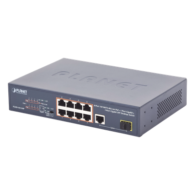 Switch no Administrable 8 puertos 10/100 PoE 802.3af/at 135W, 1 puerto Uplink 10/100/1000 y 1 SFP 100/1000 para escritorio 
