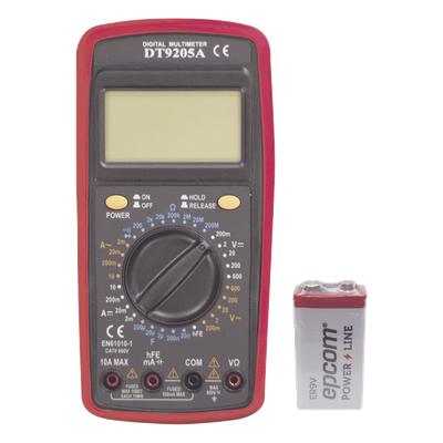 KIT Multímetro Digital DT9205A 600 Vcc /  Vca  CATII,  con Pantalla LCD. Incluye Batería ER-9V de 9V