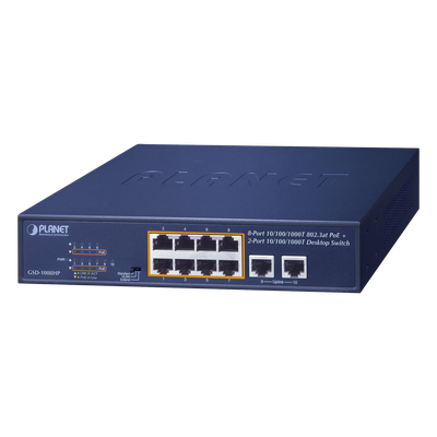 Switch de Escritorio No Administrable / 8 Puertos 10/100/1000T PoE+ 802.3at / 2 Puertos Uplink 10/100/1000T / Presupuesto PoE 120 Watts / Modos Estándar, VLAN y Extend / Distancia Extendida 250 mts / Rackeable