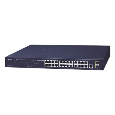 Switch Administrable Capa 2 de 24 Puertos Gigabit 10/100/1000T, 2 Puertos SFP 100/1000X , Cuenta con una Interfaz de Consola 