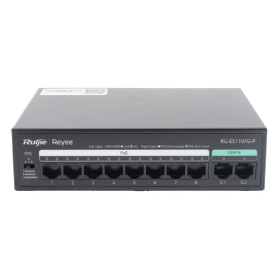 Switch PoE+ no Administrable, hasta 110 Watts, 8 puertos PoE+ 10/100 y 2 Uplinks Gigabit 1G