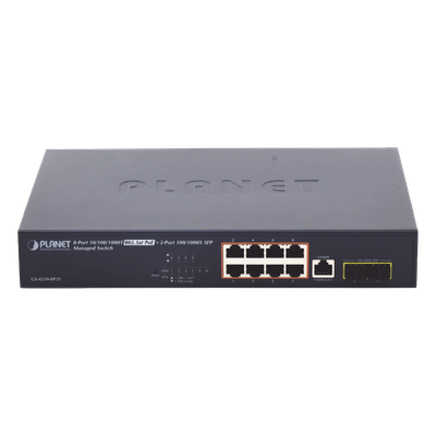 Switch Administrable Capa 2, 8 Puertos PoE 802.3af/at Gigabit, 140 W Max, 2 Puertos SFP, Modo Extendido Hasta 250 m, Soporta Administración en Nube CloudNMS ( HW Rev. 3.0 en Adelante). 