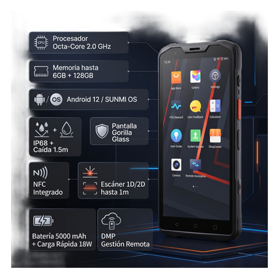 Handheld SUNMI L2S PRO / Octa-Core 2.0 GHz / 4GB RAM 64GB / IP68 / Escáner 1D/2D 1 m / NFC / 5000 mAh / Android 12
