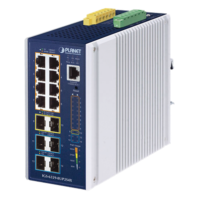 Switch Industrial Capa 3 de 8 Puertos 10/100/1000T PoE 802.3bt, 2 Puertos SFP 1 G/2.5 G, 4 Puertos SFP 10G, Instalación en Pared o Puerto DIN.