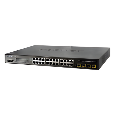 Switch administrable L2 stack gigabit de 24 puertos con PoE 802.3af/at a 10/100/1000 Mbps con 4 puertos SFP 1000 Mbps