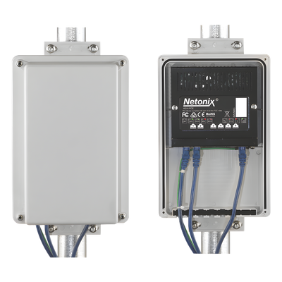 Kit Switch WISP PoE pasivo 6 puertos Gigabit, entrada PoE 37-53 Vcc + gabinete para exterior IP65