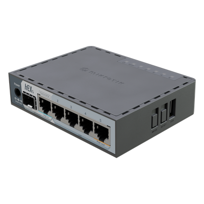 Router hEX S / 5 Puertos Gigabit Ethernet / 1 Puerto SFP 2.5G / Dual-Core ARM / 512 MB RAM / RouterOS V7 / PoE-In y PoE-Out / Montaje en Pared