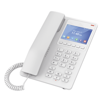 Teléfono IP WiFi Hotelero con pantalla LCD a color, 2 líneas SIP con 2 cuentas, codec Opus, IPV4/IPV6, color blanco, con gestión en la nube GDMS