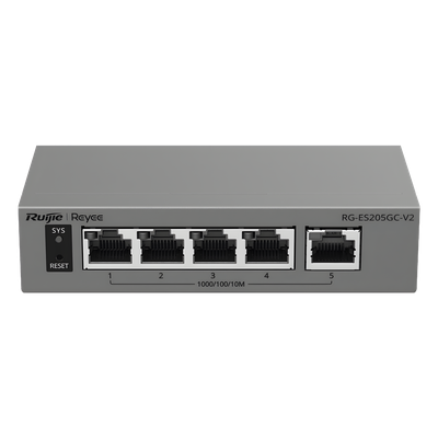 Switch Capa 2 Gestionado en la Nube / 5 Puertos Gigabit / Switching 10 Gbps / Forwarding 7.44 Mpps / Diseño sin Ventilador / Protección 6 kV / Modo CCTV de un Clic / 32 VLANs / Gabinete Metálico / Ruijie Cloud