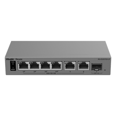 Switch Layer 2 Smart Cloud Managed / 7 Puertos Gigabit / 4 Puertos PoE+ 54 W / 1 Puerto SFP Uplink / 14 Gbps Switching Capacity / Diseño Sin Ventilador / Protección 6 kV / Ruijie Cloud / CCTV Mode