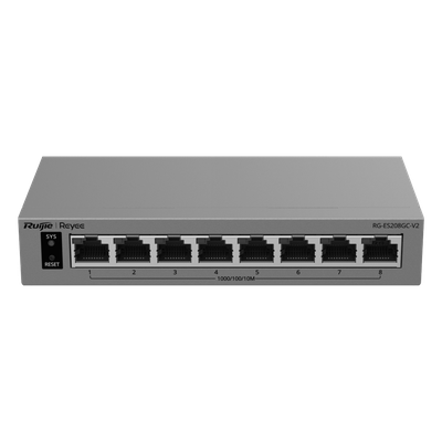Switch Gigabit Smart Cloud-Managed / 8 Puertos 10/100/1000BASE-T / Capa 2 / Switching 16 Gbps / AI-Powered Failover / Modo CCTV Un-Click / Gestión Cloud Ruijie & App Reyee / Diseño Fanless / Gabinete Metal / Protección Surge 6 kV